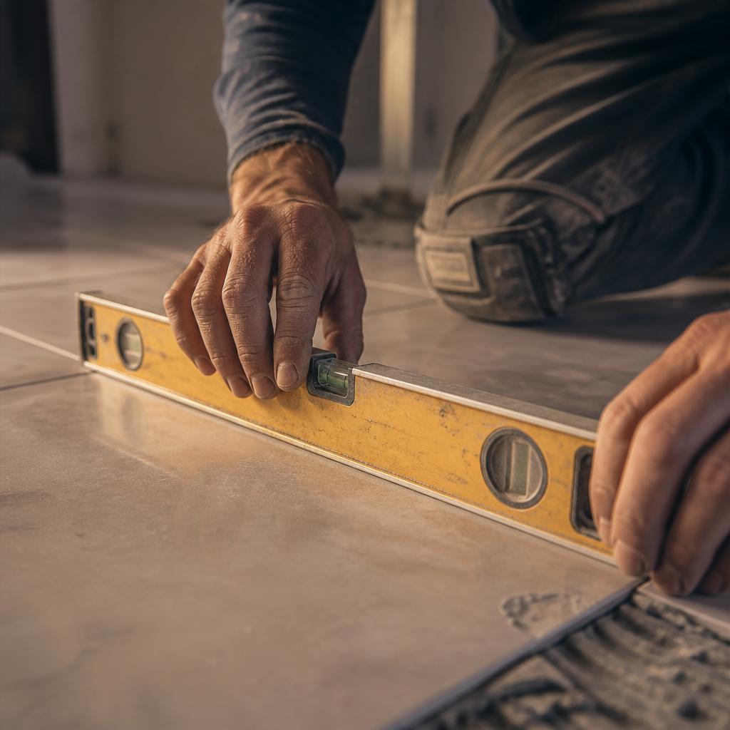A tradesman's hands finishing a clean tile line