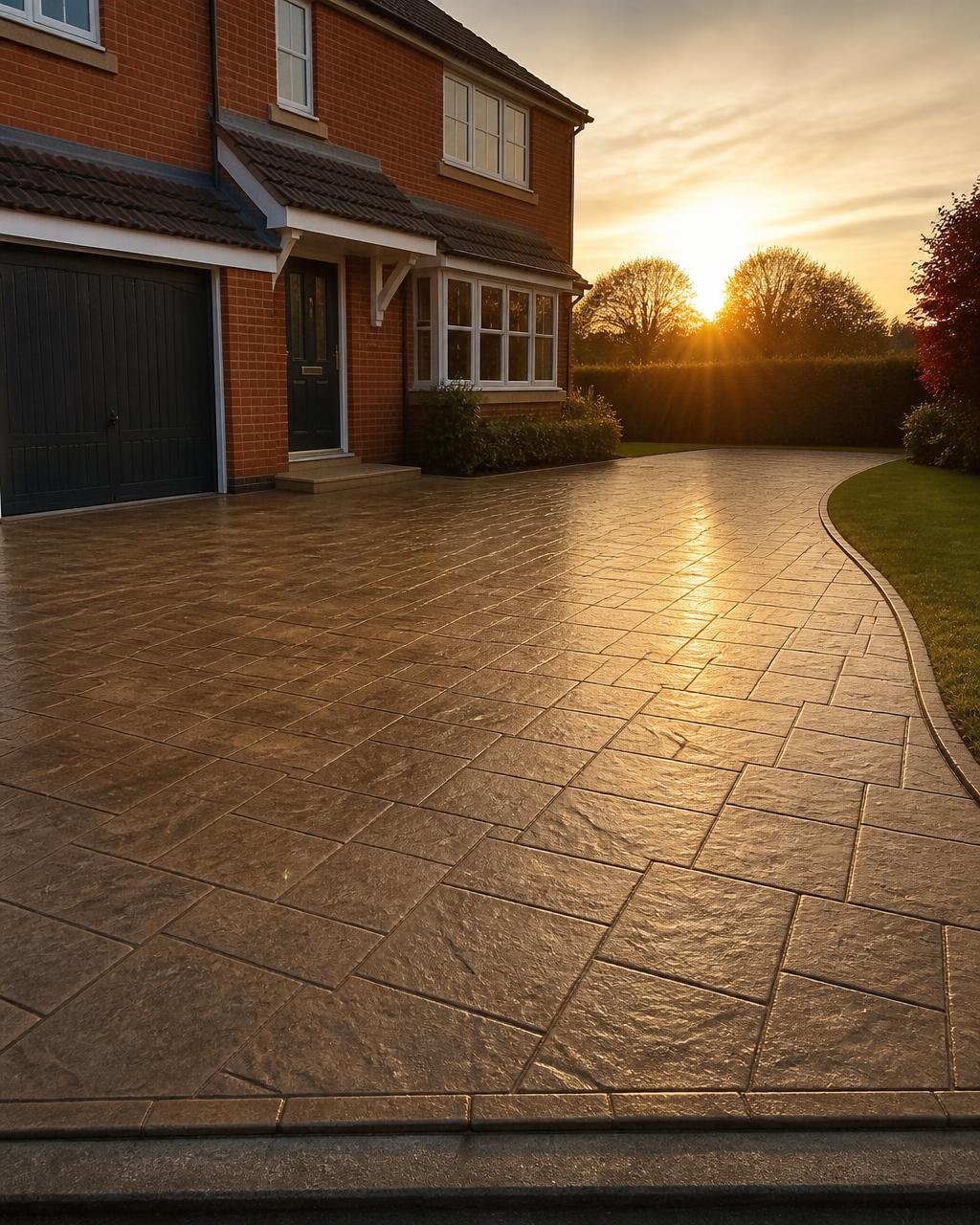 Freshly sealed imprinted concrete driveway at golden hour