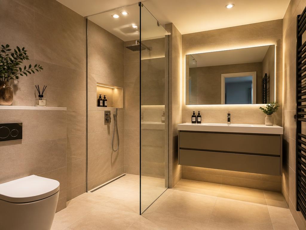 Elegant modern bathroom with a walk-in shower and warm lighting
