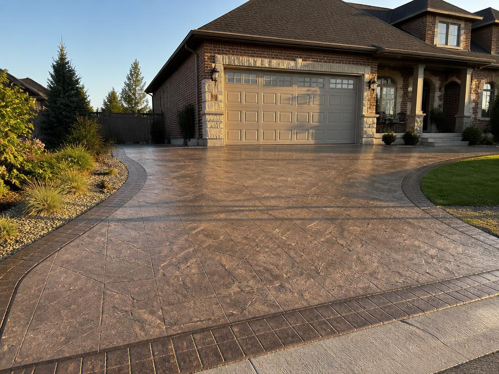 Imprinted concrete driveway with a clean stamped border in golden hour light