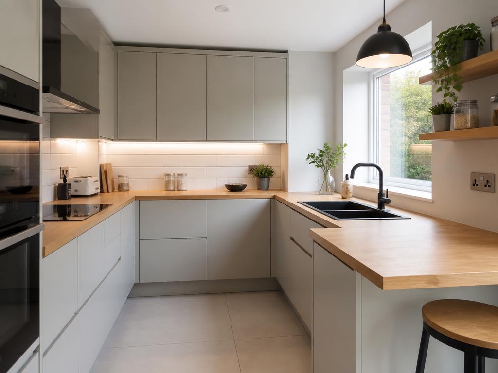 Clean fitted modern kitchen with flat-front cabinets and warm wood worktop