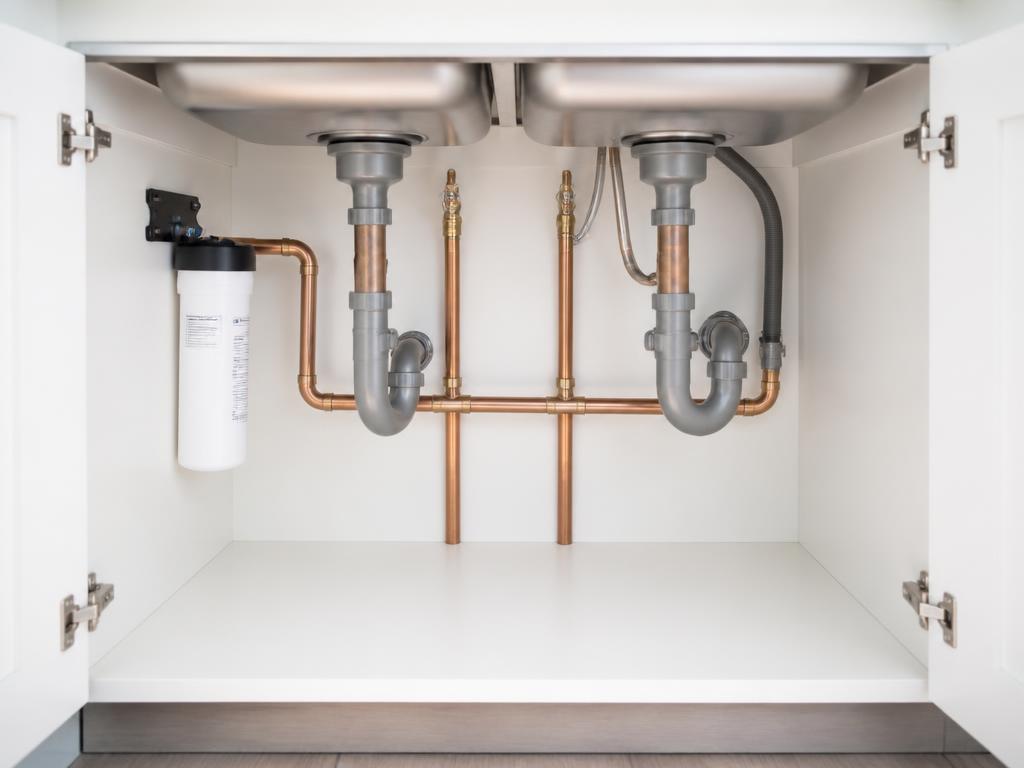 Tidy under-sink plumbing with neat copper pipework